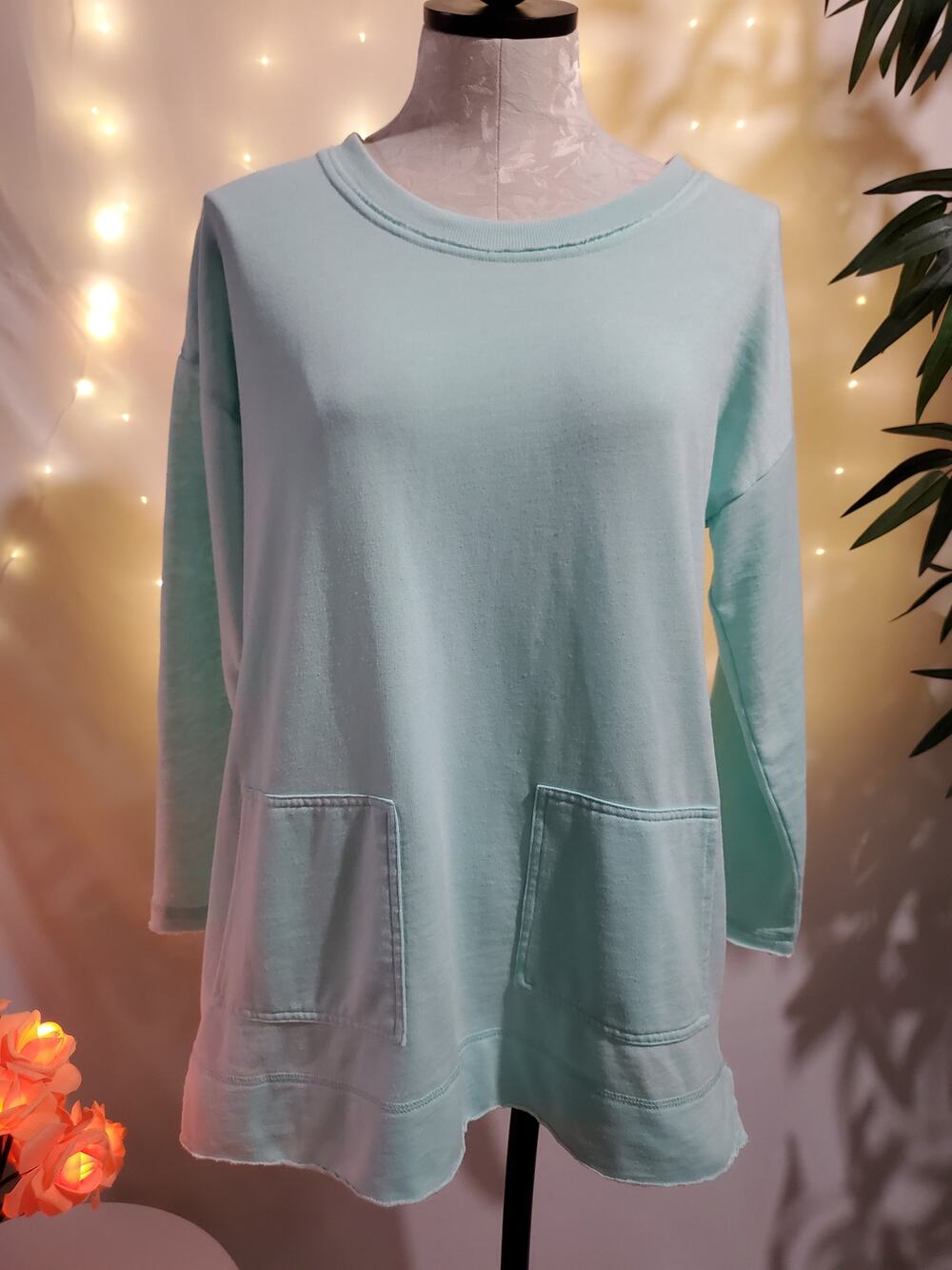 Soft Surroundings Raw Hem Hi-Low Tunic Sweater Womens M Petite Pastel Blue